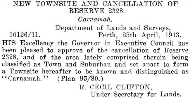 Gazetting of the Carnamah townsite